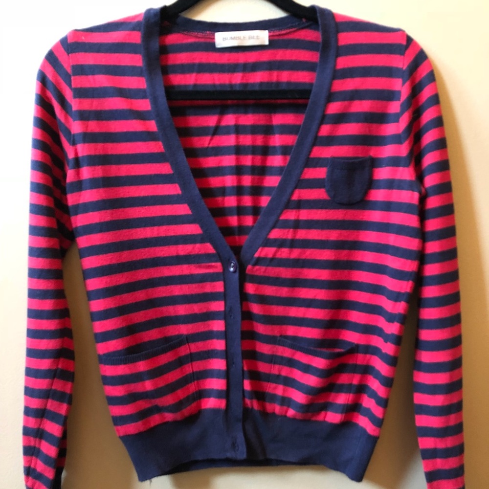 Red and Navy Blue Striped Cardigan
